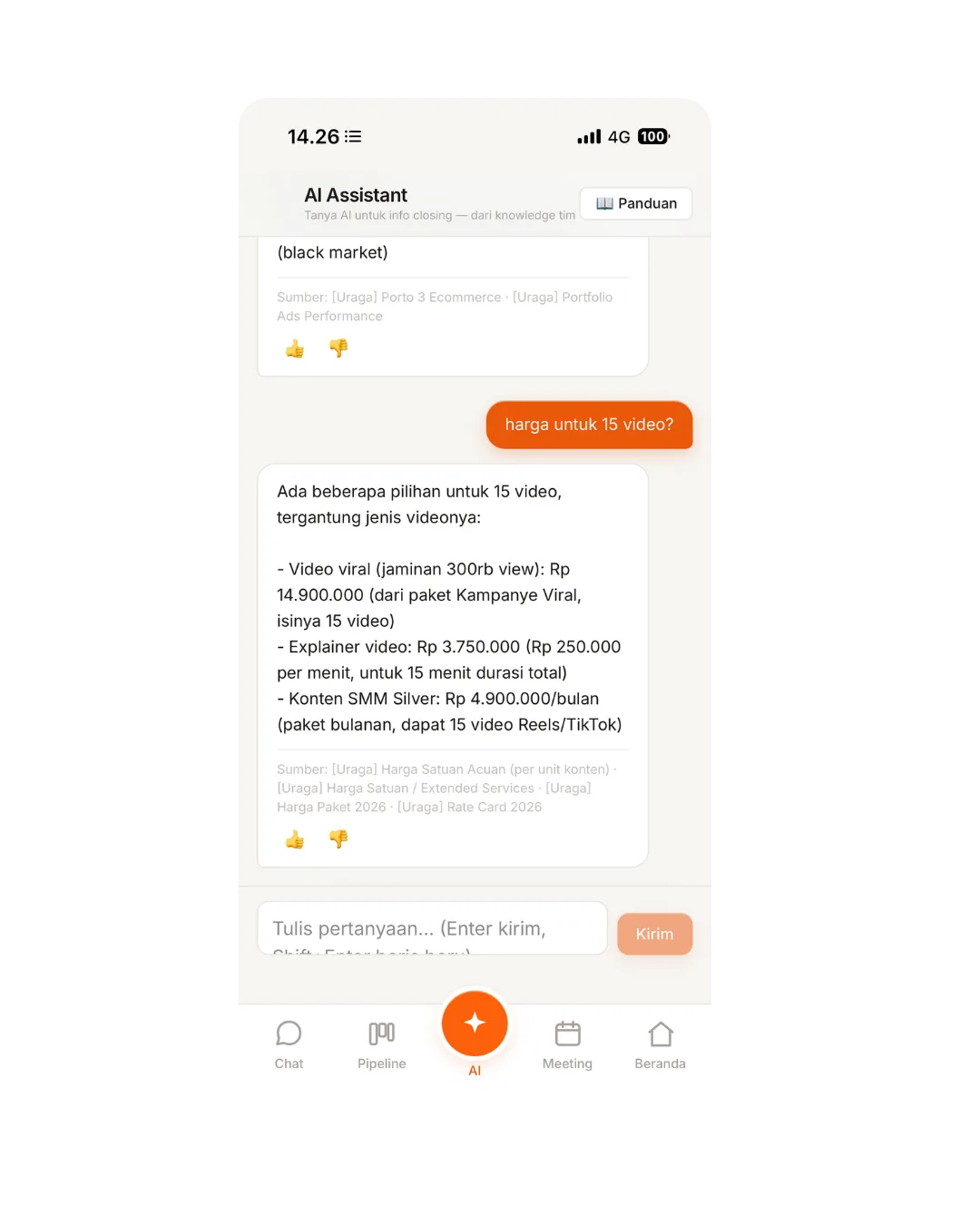 AI Sales Copilot menjawab pertanyaan harga dari knowledge tim