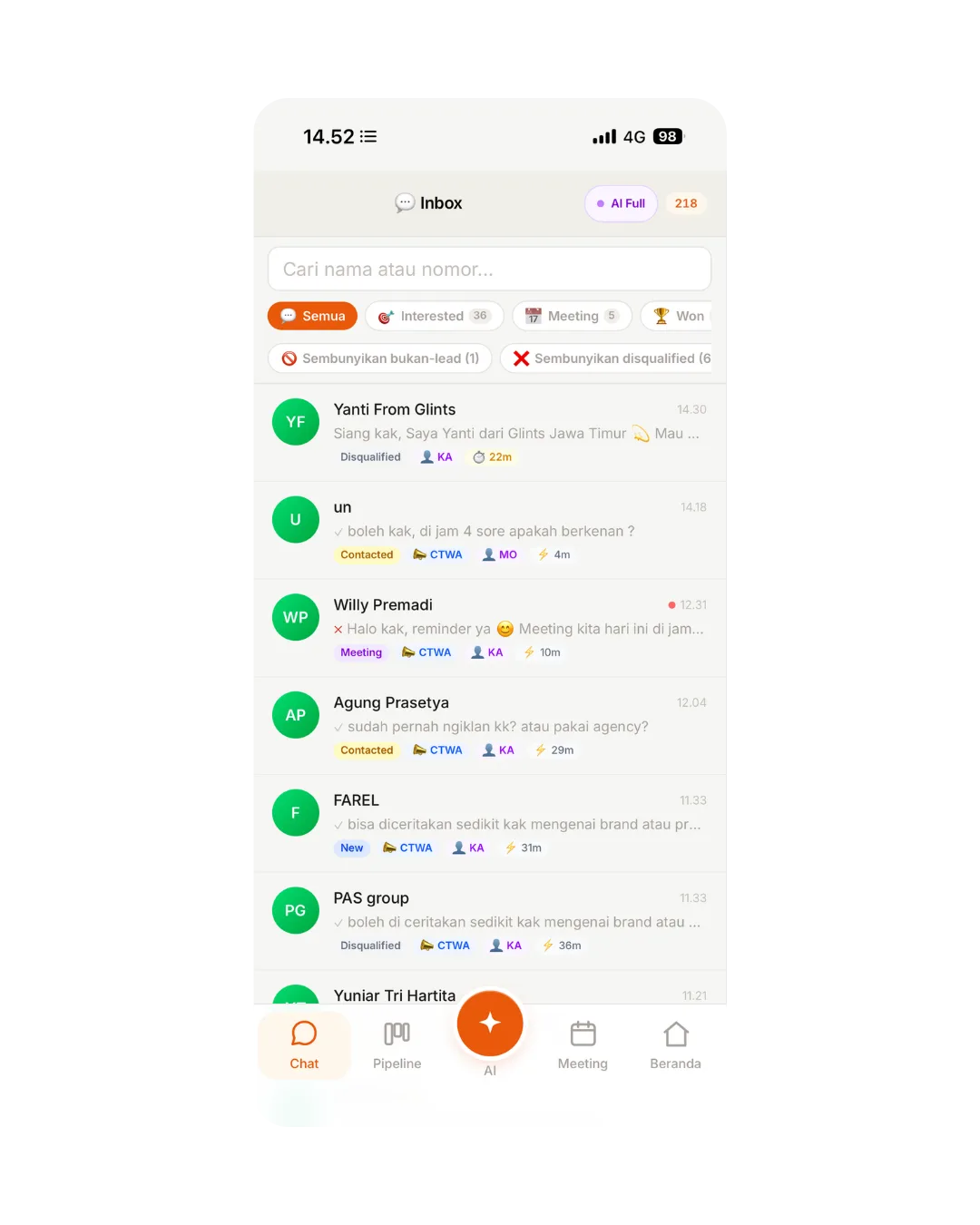 Unified Inbox: semua chat WhatsApp dalam satu dashboard